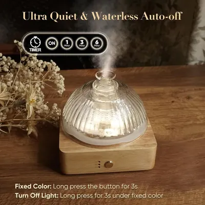 Communicates multiple key features of the diffuser including its quiet operation, automatic timer settings, and button control functions to help shoppers understand the product's convenience and…