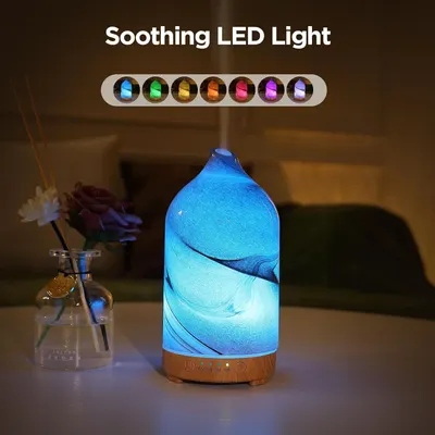 Highlights the product's LED lighting feature with multiple color options to communicate its ambient and mood-setting capabilities for relaxation.