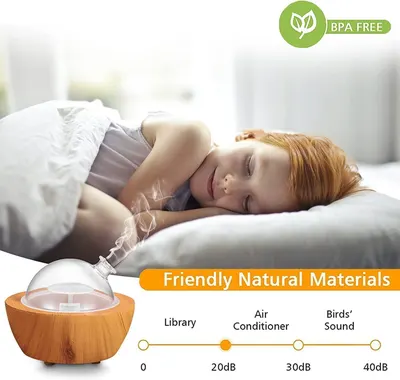 Communicates that the product operates quietly and is made from safe, natural materials, making it ideal for use around sleeping children.