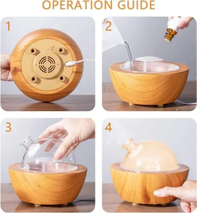 This image provides step-by-step instructions on how to set up and use the diffuser, showing customers how to plug it in, add water and essential oils, place the cover, and operate the device.