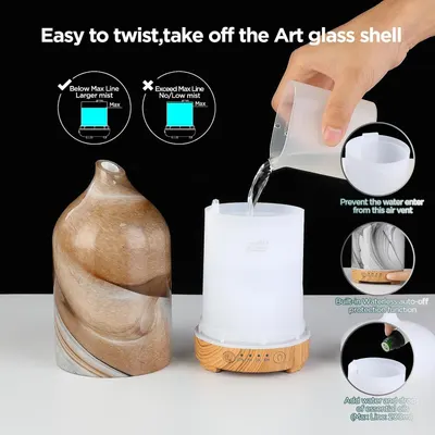 Demonstrates how to properly fill and use the diffuser by showing the twist-off mechanism, correct water levels, air vent protection, and waterless auto-off safety feature to help customers…