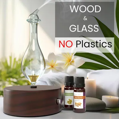 Communicates that the product is made from sustainable wood and glass materials without any plastic components, appealing to environmentally conscious shoppers.