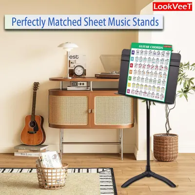 Demonstrates the product in a real-world music environment to show how the sheet music stand fits naturally into a musician's lifestyle and practice space.
