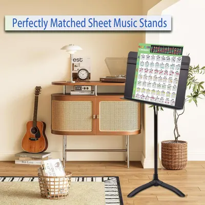 Shows the sheet music stand in a real-world music room setting to help shoppers visualize how the product fits into their home environment.