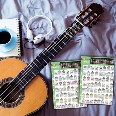 Shows what the customer receives with their purchase, including guitar chord reference charts to help beginners learn and practice.