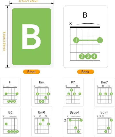 Teaches shoppers how to play various guitar chords by showing finger placement diagrams for multiple chord variations including B, Bm, B7, Bm7, B6, Bm6, Bsus4, and Bdim. Shows the exact size of the…