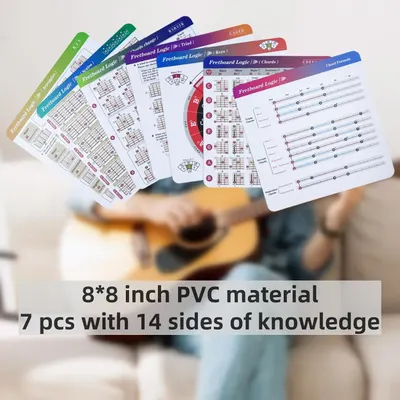 Shows the complete set of fretboard logic reference cards included in the purchase, emphasizing the quantity and comprehensive educational content provided. Communicates the exact dimensions and…
