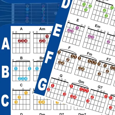 Shows the customer what educational materials are included with the product, specifically multiple guitar chord chart posters organized by chord types.