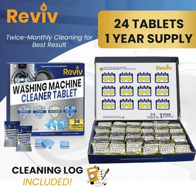Shows everything the customer receives with their purchase including the product box, 24 individually wrapped tablets for a full year supply, and a bonus cleaning log to track usage.