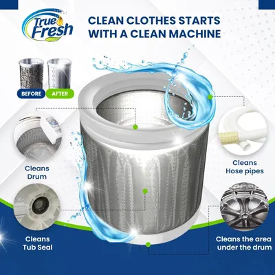 Demonstrates that the product cleans multiple parts of the washing machine including the drum, hose pipes, tub seal, and area under the drum, emphasizing comprehensive machine maintenance.