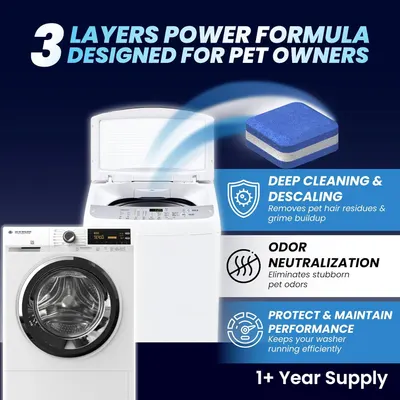 Communicates the three-layer cleaning formula designed for pet owners, highlighting deep cleaning, odor elimination, and washer maintenance benefits to reassure shoppers the product addresses…