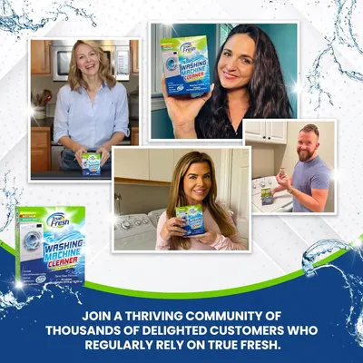 This image showcases real customers using the washing machine cleaner in their homes to build social proof and trust through authentic user-generated content.
