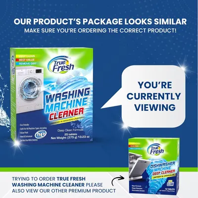 Alerts shoppers that similar-looking products exist and helps them confirm they are ordering the correct washing machine cleaner variant instead of the dishwasher cleaner.