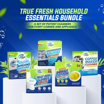 Shows all the cleaning products included in the bundle to communicate the variety and value of the household essentials package.