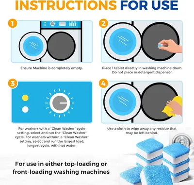 Provides clear step-by-step instructions on how to properly use the washing machine cleaner tablets to ensure effective cleaning and reduce customer confusion during setup and use.