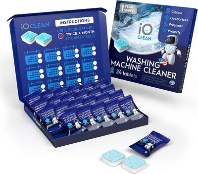 Shows everything included in the package: 24 individually wrapped cleaning tablets, a 1-year supply calendar with usage instructions, and the outer box to help shoppers understand the complete…