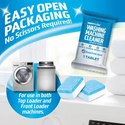 Communicates multiple benefits including the convenience of no-scissors-required packaging and the versatility of use in both top loader and front loader washing machines.
