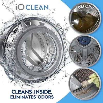 Demonstrates the transformation from a dirty, odor-filled washing machine drum to a clean, fresh state using the iO CLEAN product.