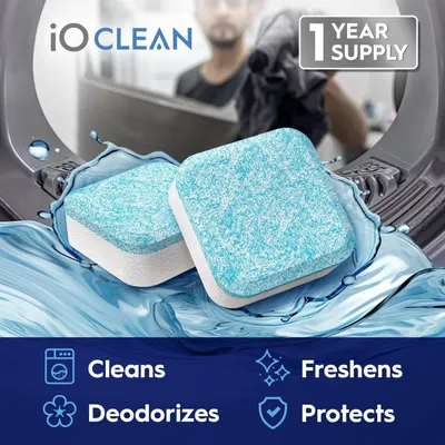 Communicates the four key benefits of the washing machine cleaning tablets to reassure shoppers of comprehensive cleaning performance and value.
