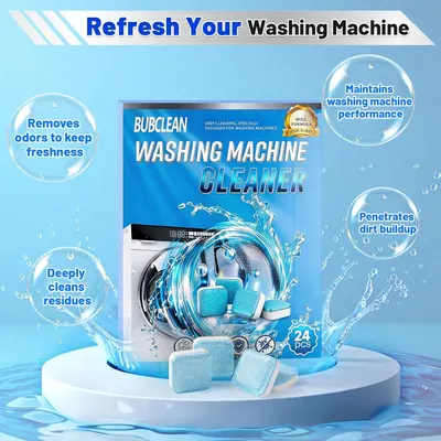 Communicates multiple benefits of the washing machine cleaner product, including odor removal, deep cleaning, performance maintenance, and dirt penetration to convince shoppers of its comprehensive…