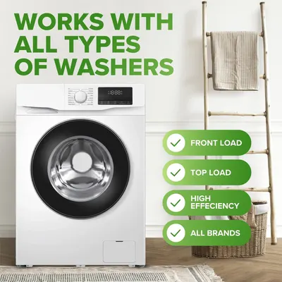 Communicates that the product works with all types of washers including front load, top load, high efficiency, and all brands to eliminate purchase hesitation.