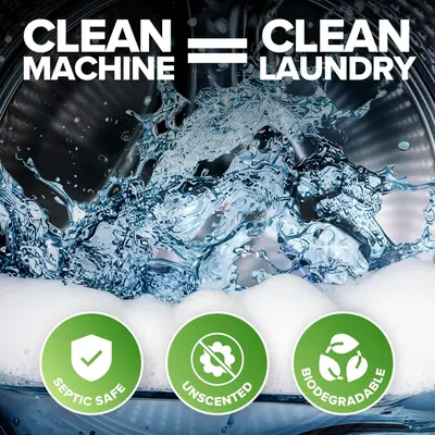Communicates that the product cleans both the washing machine and laundry while being septic safe, unscented, and biodegradable to reassure eco-conscious shoppers.