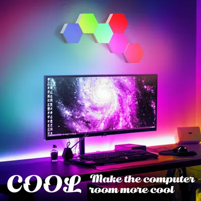 Demonstrates how the product can be used to create an aesthetically pleasing, colorful lighting setup for a computer workspace or gaming room.