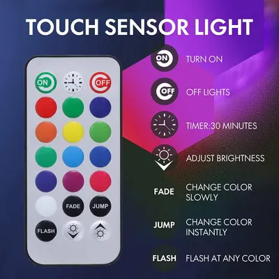 Explains how to use the remote control to operate the touch sensor light, including turning it on/off, setting a timer, adjusting brightness, and changing colors.