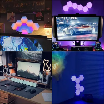 Demonstrates the versatility of the hexagonal LED light panels by showing them in multiple real-world environments including gaming setups, workstations, and entertainment spaces to illustrate…