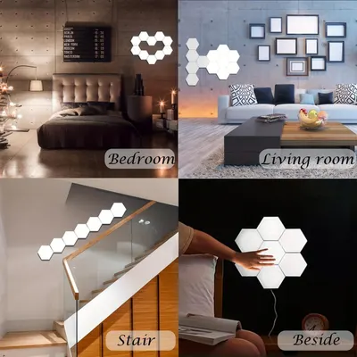 Demonstrates the versatility of the hexagonal light panels by showing how they can be used in different rooms and settings including bedroom, living room, stairway, and bedside.