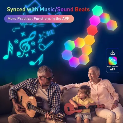 Communicates that the product syncs with music and sound beats, offering app-controlled practical functions for an interactive lighting experience.