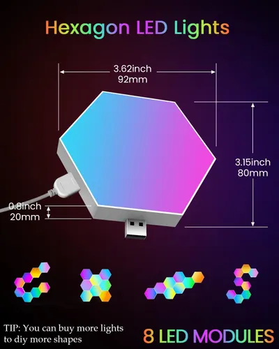Provides precise measurements of the hexagon LED light panel to help shoppers understand the exact physical size of each module before purchase. Demonstrates the versatility of the product by…
