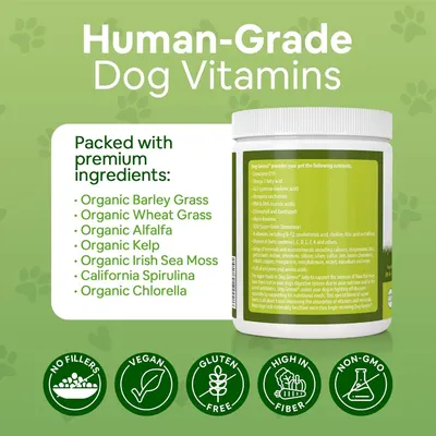 Communicates multiple selling points including human-grade quality, premium organic ingredients list, and various product attributes (vegan, gluten-free, high fiber, non-GMO, no fillers) to reassure…