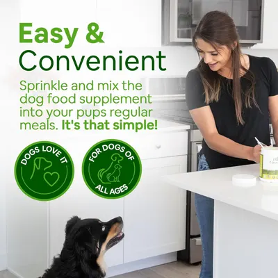 Communicates that the dog food supplement is simple to use by sprinkling and mixing into regular meals, reducing friction for pet owners and emphasizing convenience.