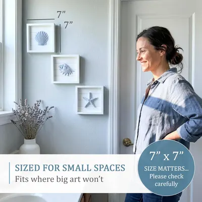 Communicates the exact dimensions of the product and demonstrates that it is sized specifically for small spaces where larger art would not fit.