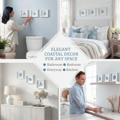 Demonstrates the versatility of the coastal decor product by showing it works beautifully in multiple rooms including bathroom, bedroom, entryway, and kitchen.