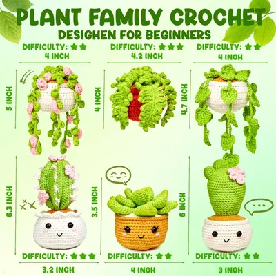 Communicates the exact dimensions of each crochet plant variant to help shoppers understand the physical size of the product they will receive. Shows all six crochet plant designs included in the…