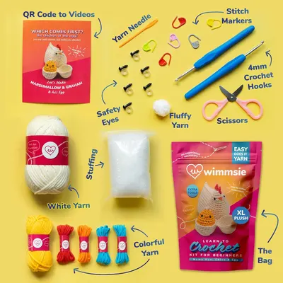 Shows all items included in the crochet kit to help shoppers understand exactly what they will receive, including yarn, tools, instructions, and accessories.
