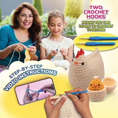 Communicates multiple key benefits of the crochet kit including the dual hooks for shared learning, video tutorials for guidance, and the ability for parent and child to learn together.