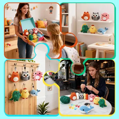 Demonstrates the versatility of the crochet animal products by showing different environments and use cases including as toys for children, decorative shelf items, keychain accessories, and DIY…
