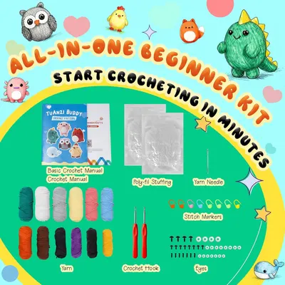 Shows all items included in the all-in-one beginner crochet kit, helping shoppers understand they receive everything needed to start crocheting including yarn, hooks, patterns, stuffing, needles,…