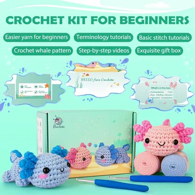 Showcases multiple features of the crochet kit to demonstrate its comprehensive value for beginners, including educational resources, easy materials, and premium presentation.