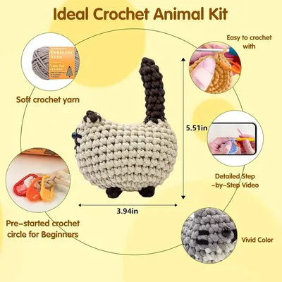 Showcases multiple features and benefits of the crochet animal kit including beginner-friendly materials, instructional support, quality yarn, and product dimensions to help shoppers understand the…