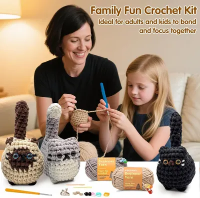 Demonstrates the crochet kit as a family activity that brings adults and kids together for quality time and creative engagement.