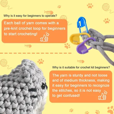 Communicates two key beginner-friendly features: the pre-knit loop that makes starting easy and the yarn quality that helps beginners recognize stitches without confusion.