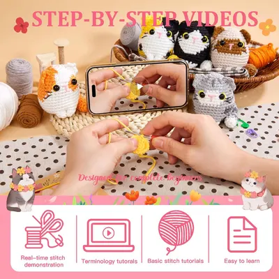 Communicates that the product includes comprehensive video tutorials and instructional content to teach customers how to crochet these amigurumi cats, reducing learning friction and building…