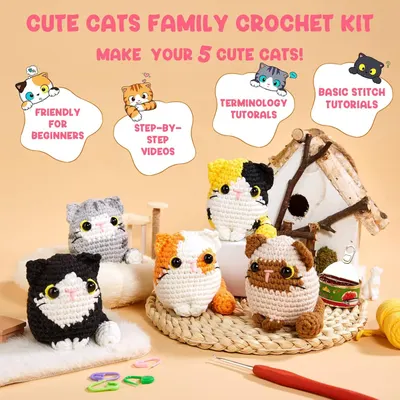 Communicates that this crochet kit includes multiple learning resources and is designed to be accessible for beginners, making it easy to create 5 cute cats.