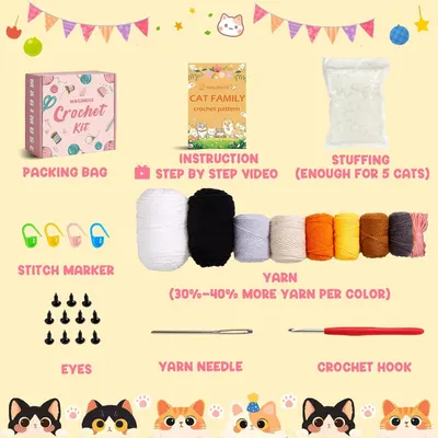 Shows all items included in the crochet kit purchase, including yarn, tools, instructions, and materials, so shoppers know exactly what they will receive.