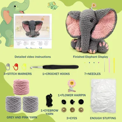 Shows all materials and tools included in the crochet elephant kit to help shoppers understand exactly what they will receive and that everything needed to complete the project is provided.