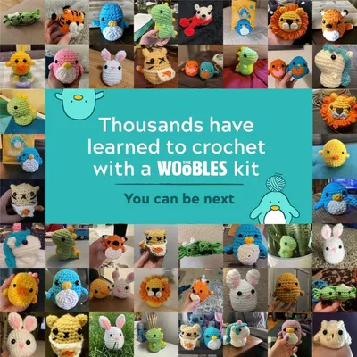 This image uses a collage of customer-created crochet projects to build social proof and demonstrate that thousands of real users have successfully learned to crochet with the Woobles kit.